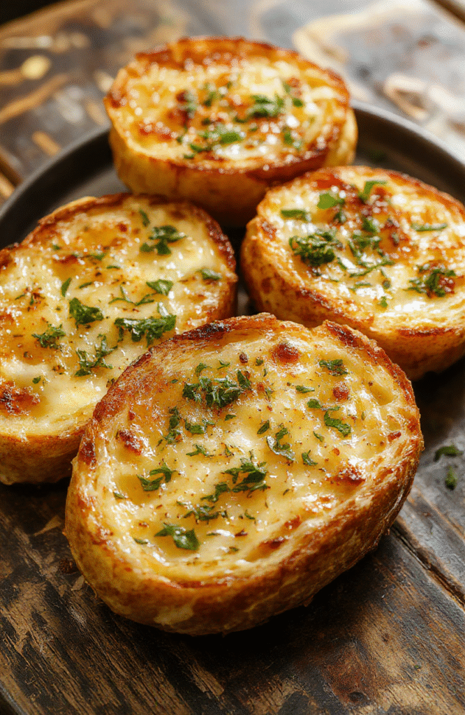 Goldbraunes, knuspriges Knoblauchbrot auf einem weißen Teller, mit frisch gehacktem Knoblauch und frischen Kräutern bestreut, leichtes Olivenöl glänzt auf der Oberfläche, serviert auf einem rustikalen Holzbrett, mit einem Hauch von Dampf in der Luft