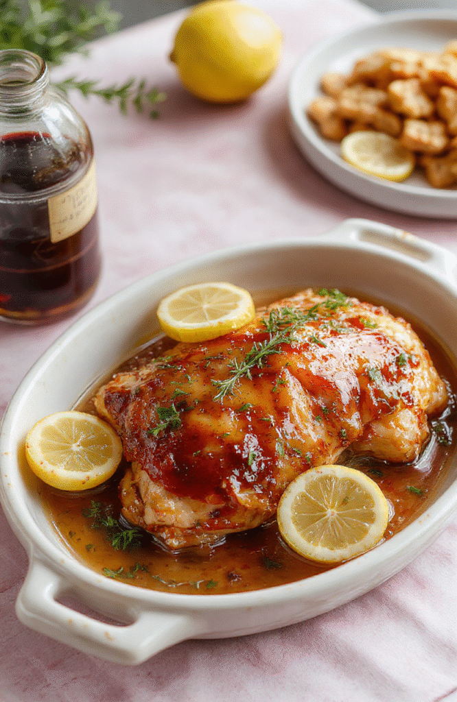 A vibrant plate of lemon honey glazed chicken nestled on a rustic white ceramic dish, garnished with fresh lemon slices and sprigs of thyme. The glossy honey lemon glaze coats the perfectly browned chicken breasts, with a slightly caramelized surface. The background features a soft pastel tablecloth with scattered lemon wedges and a small bowl of honey, creating an inviting, appetizing scene emphasizing freshness and flavor.