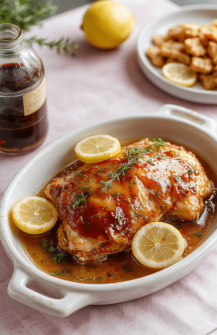 A vibrant plate of lemon honey glazed chicken nestled on a rustic white ceramic dish, garnished with fresh lemon slices and sprigs of thyme. The glossy honey lemon glaze coats the perfectly browned chicken breasts, with a slightly caramelized surface. The background features a soft pastel tablecloth with scattered lemon wedges and a small bowl of honey, creating an inviting, appetizing scene emphasizing freshness and flavor.