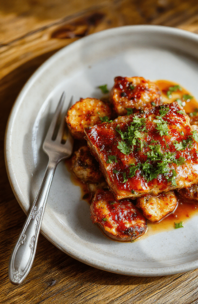 Bunte Waffeln auf einem weißen Teller, goldbraun und knusprig, garniert mit Puderzucker, frischen Beeren und einem Zweig Minze, gut ausgeleuchtet, gemütlich und einladend.