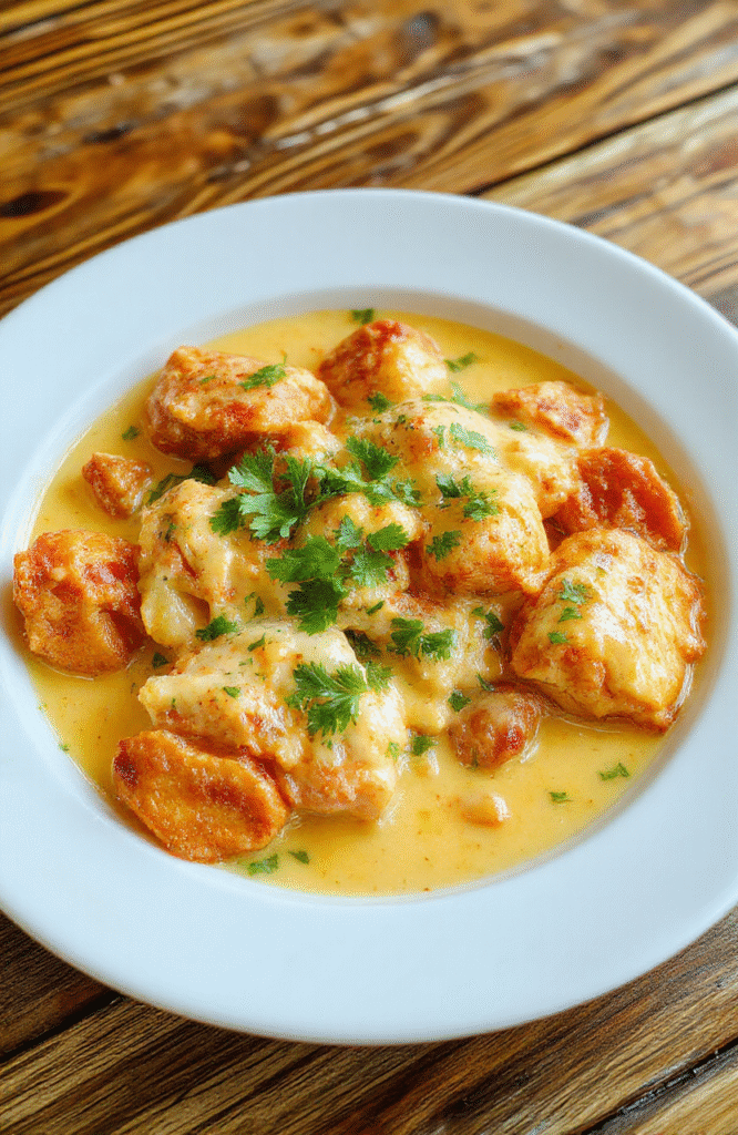 Helles, cremiges Butterhähnchen auf einem weißen Teller, garniert mit frischer Korianderblätter, umgeben von goldbraun gebratenem Hühnchen und einer samtigen Soße, präsentiert auf einem Holztisch mit warmem Licht, stilvoll und einladend