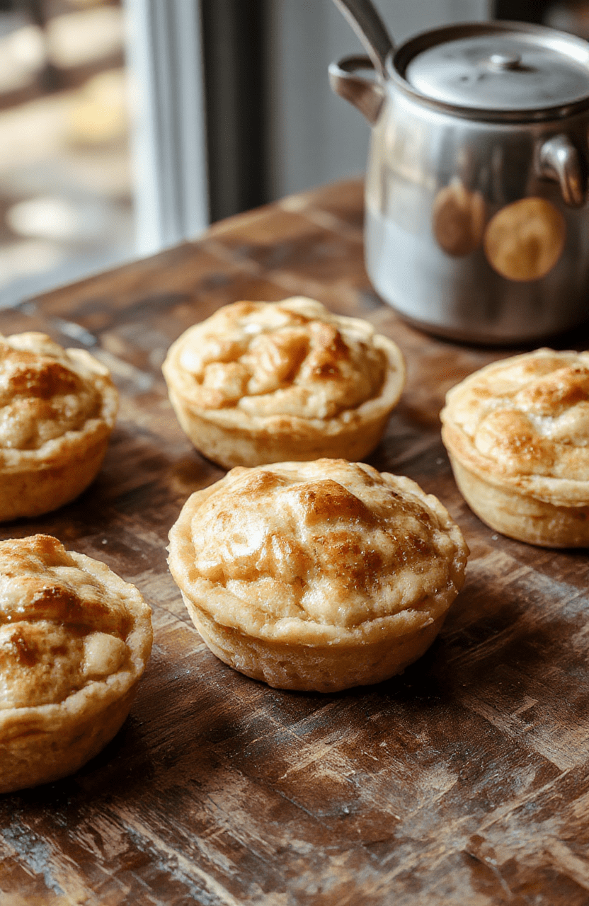 A plate of golden mini apple pies with flaky crust and warm cinnamon filling, garnished with a sprinkle of powdered sugar, arranged on a rustic wooden table styled with autumn leaves and a cinnamon stick for visual appeal.