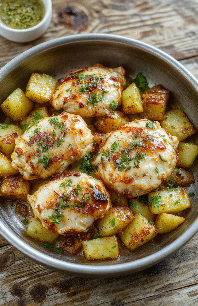 A vibrant plate featuring golden-brown roasted chicken breasts topped with melted Parmesan cheese, accompanied by crispy roasted potatoes garnished with fresh herbs, all on a rustic wooden table with natural daylight highlighting textures and colors.