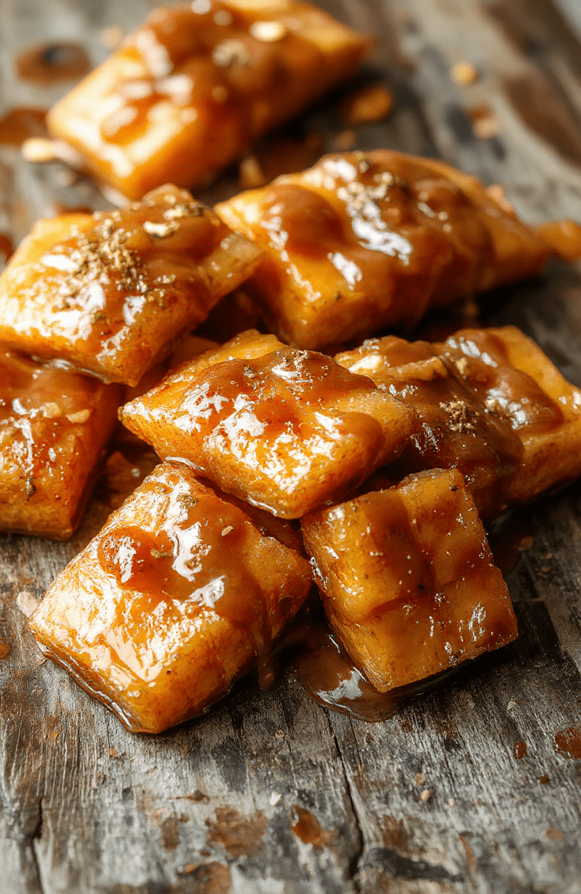A vibrant plate of golden-brown candied yams topped with glossy caramel sauce, garnished with chopped pecans, served on a rustic wooden table with a warm backdrop. The textures of tender yams contrasted with shiny caramel glaze and crunchy pecans create an inviting and appetizing scene.