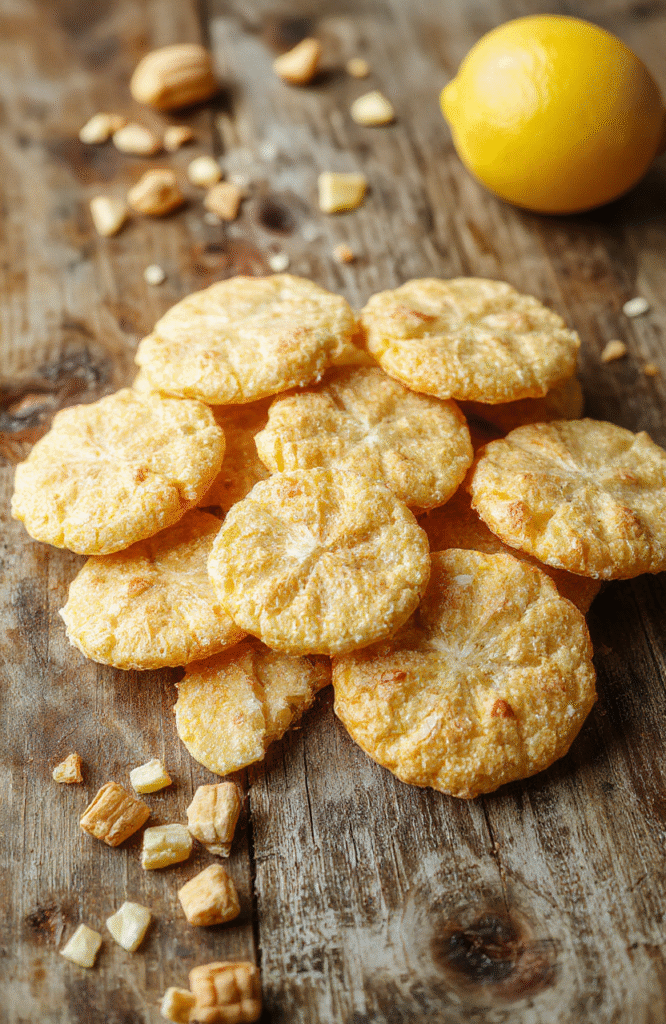 Bunte Zitronen-Crinkle-Kekse auf einem weißen Teller, leicht glasiert, mit pochiertem Zitronenstück und Minzblättern dekoriert, im Fokus, heller Hintergrund, hellrosa und gelbe Farbtöne, strukturierte Oberflächen, appetitlich und frisch