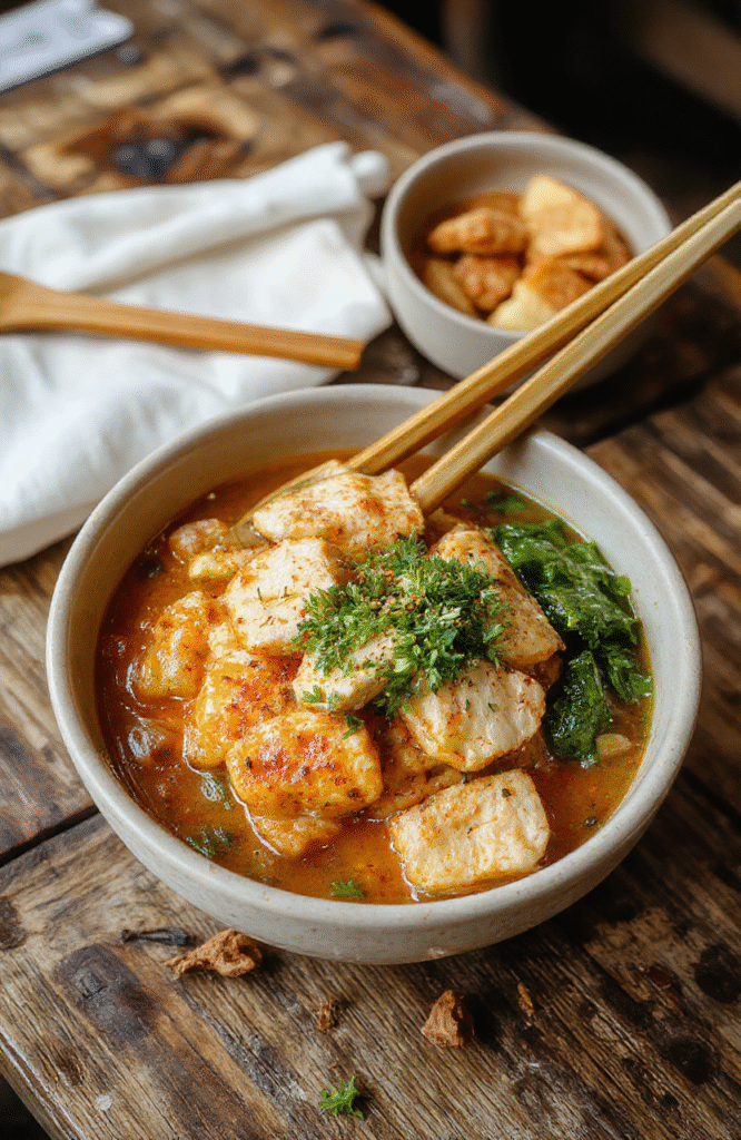 A vibrant plate of chicken ramen stir fry featuring tender chicken pieces, colorful vegetables, and soft noodles coated in a glossy savory sauce. The dish is artfully arranged on a white ceramic plate, garnished with sliced green onions and sesame seeds, with a rustic wooden table background providing a warm, inviting atmosphere.