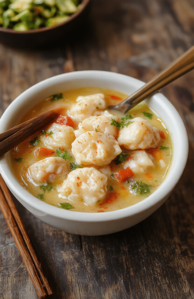 A warm bowl of chicken dumpling soup featuring tender chicken bites, fluffy dumplings, and vibrant vegetables in a clear, savory broth, styled on a rustic wooden table with steam rising, inviting and homely atmosphere.