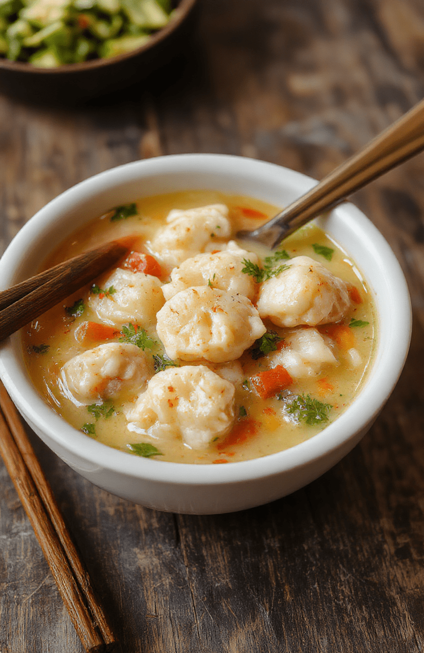 A warm bowl of chicken dumpling soup featuring tender chicken bites, fluffy dumplings, and vibrant vegetables in a clear, savory broth, styled on a rustic wooden table with steam rising, inviting and homely atmosphere.