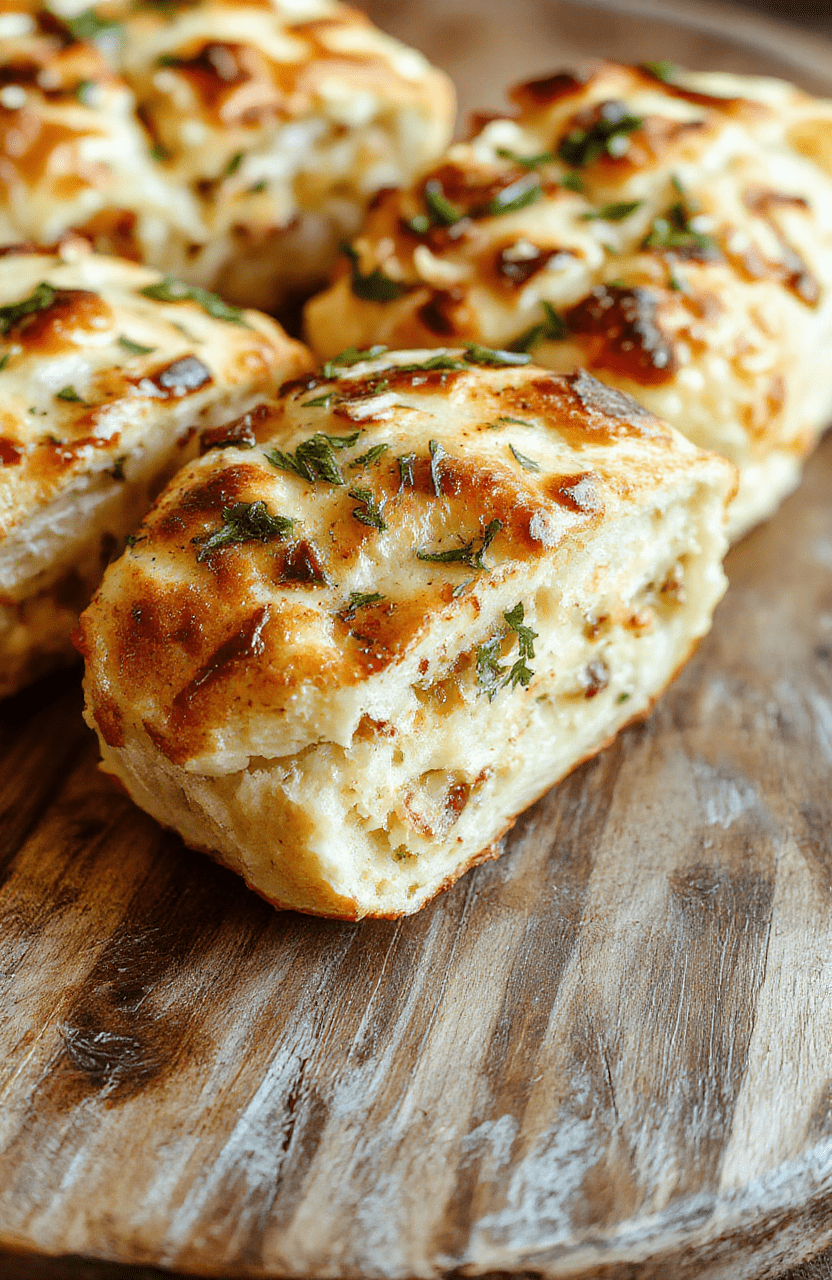 A golden-brown focaccia topped with fresh rosemary and garlic, sliced to reveal its airy and soft interior. The bread is presented on a rustic wooden board with olive oil drizzled over it, garnished with herbs, and styled with a knife and a small bowl of extra virgin olive oil, showcasing its fluffy texture and flavorful toppings.
