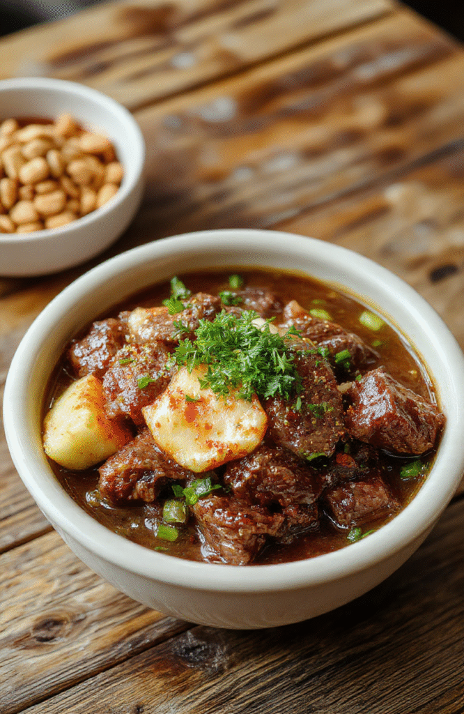 A vibrant Korean beef bowl featuring tender sliced beef, caramelized onions, and green scallions served over steaming white rice. The dish showcases rich, glossy sauce, garnished with sesame seeds, placed on a rustic wooden table with a vibrant background. The textures of crispy beef and fluffy rice create an inviting, colorful presentation that looks both hearty and flavorful.