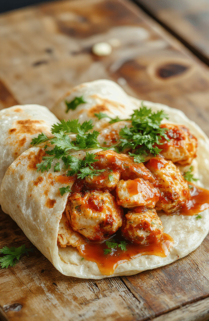 A vibrant plate of Sweet Chili Chicken Wraps featuring golden-brown chicken pieces coated in glossy sweet chili sauce, wrapped in soft flour tortillas with fresh green lettuce and shredded carrots. The wraps are sliced open revealing colorful ingredients, arranged on a rustic wooden platter with a side of lime wedges and sesame seeds sprinkled on top, styled in natural daylight for an appetizing and inviting look.