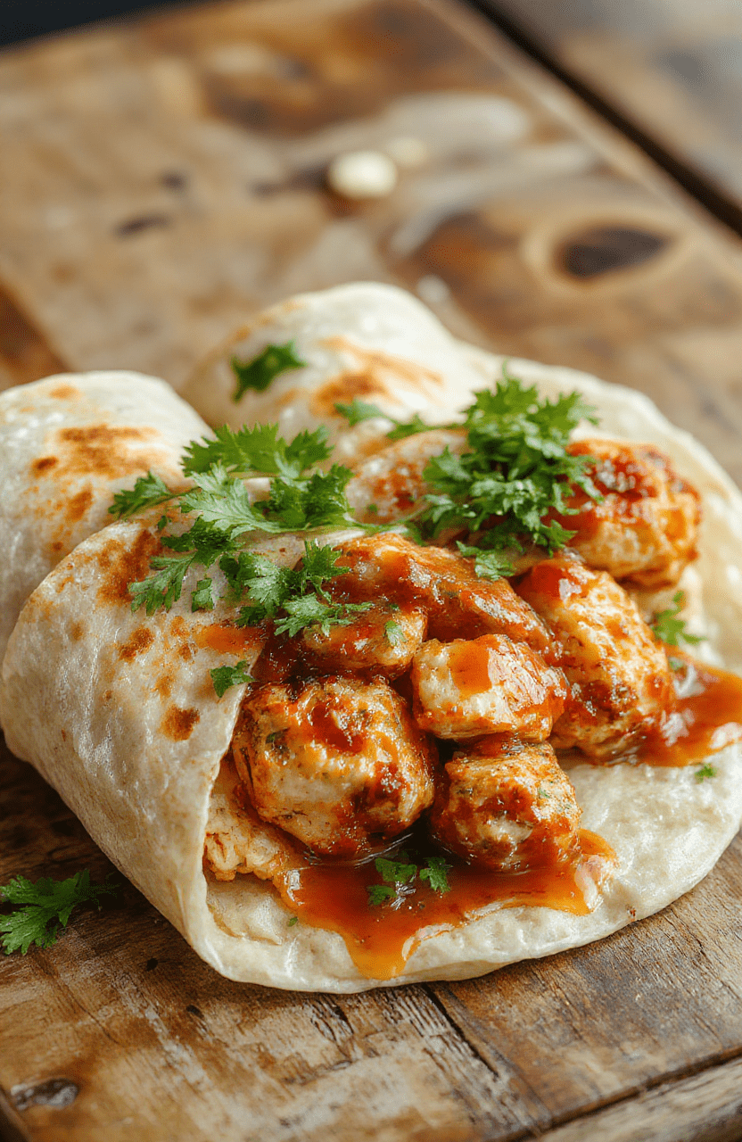 A vibrant plate of Sweet Chili Chicken Wraps featuring golden-brown chicken pieces coated in glossy sweet chili sauce, wrapped in soft flour tortillas with fresh green lettuce and shredded carrots. The wraps are sliced open revealing colorful ingredients, arranged on a rustic wooden platter with a side of lime wedges and sesame seeds sprinkled on top, styled in natural daylight for an appetizing and inviting look.