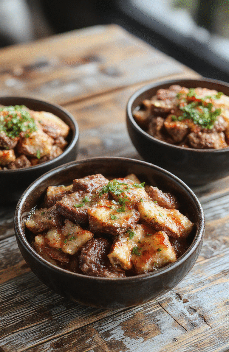 A vibrant plate featuring tender sliced hibachi-style steak atop perfectly seasoned rice, garnished with chopped green onions and sesame seeds. The bowl is styled with colorful vegetables and a glossy sauce, presented on a rustic wooden table with natural daylight highlighting the textures and fresh ingredients.