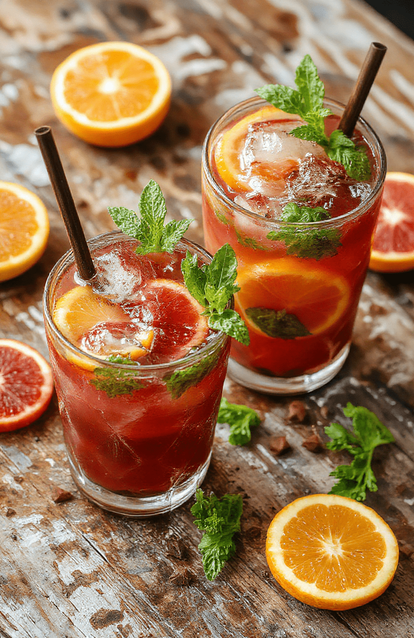 A vibrant glass of blood orange mojito garnished with fresh mint leaves and a slice of blood orange, set on a rustic wooden table with a blurred background of tropical fruits and cocktail accessories, highlighting the bright orange color, frosty surface, and fresh herbs.