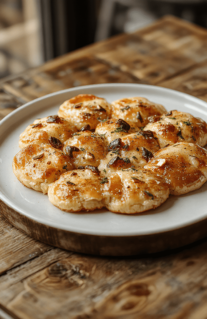 Bunte, goldene Bienenstich-Plätzchen mit knuspriger Karamellkruste, gefüllt mit cremiger Vanillefüllung, kunstvoll auf einem festlichen Holztablett angerichtet, umgeben von weihnachtlichen Dekorationen und Tannenzweigen