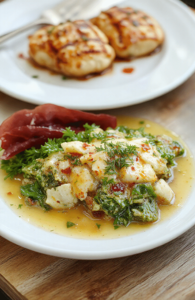 Bunte Kokos-Pistazien-Makronen auf einem weißen Teller, mit goldbraunen Oberflächen, umgeben von frischen Pistazien und Kokosraspeln, stilvoll angerichtet