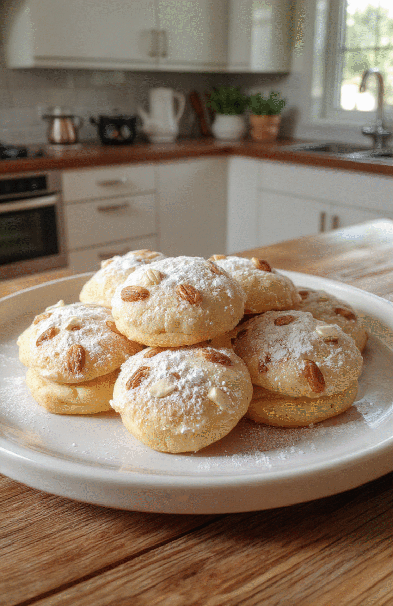 Bunte, saftige Marzipan Plätzchen auf einem weißen Teller, dekorativ mit Puderzucker bestäubt, mit Mandeln und Glasur verziert, im gemütlichen Küchenambiente.