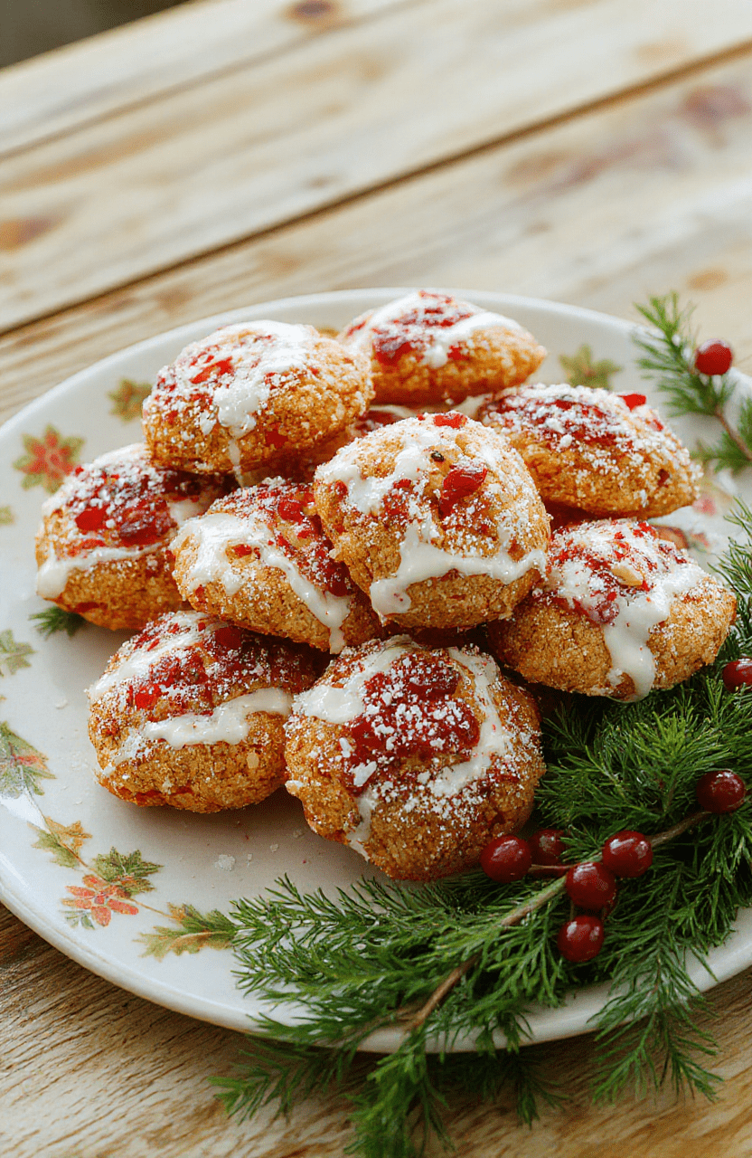 Bunte, saftige Marzipankissen in einer festlichen Anrichte, mit Puderzucker bestäubt, auf einem eleganten Teller angerichtet, umgeben von Weihnachtsdekorationen, die Textur ist weich und fein, mit einem schimmernden Marzipinussglasur