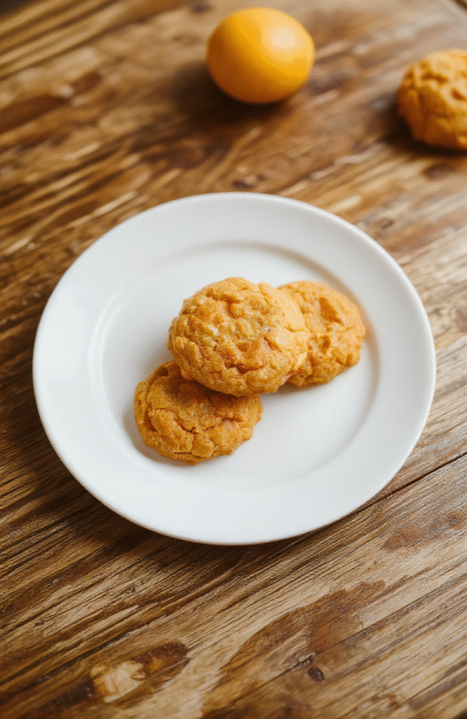 Bunten, saftige Orangenplätzchen auf einem weißen Teller, verziert mit Zuckerguss und Orangenscheiben, in natürlichem Licht fotografiert, mit einer weihnachtlichen Dekoration im Hintergrund.