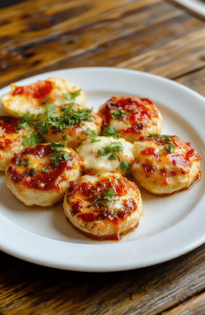 Bunte, goldbraune Pizza Bällchen auf einem weißen Teller, mit geschmolzenem Käse, frischen Tomaten und grünen Basilikumblättern, stilvoll angerichtet, appetitlich und perfekt für Partys.
