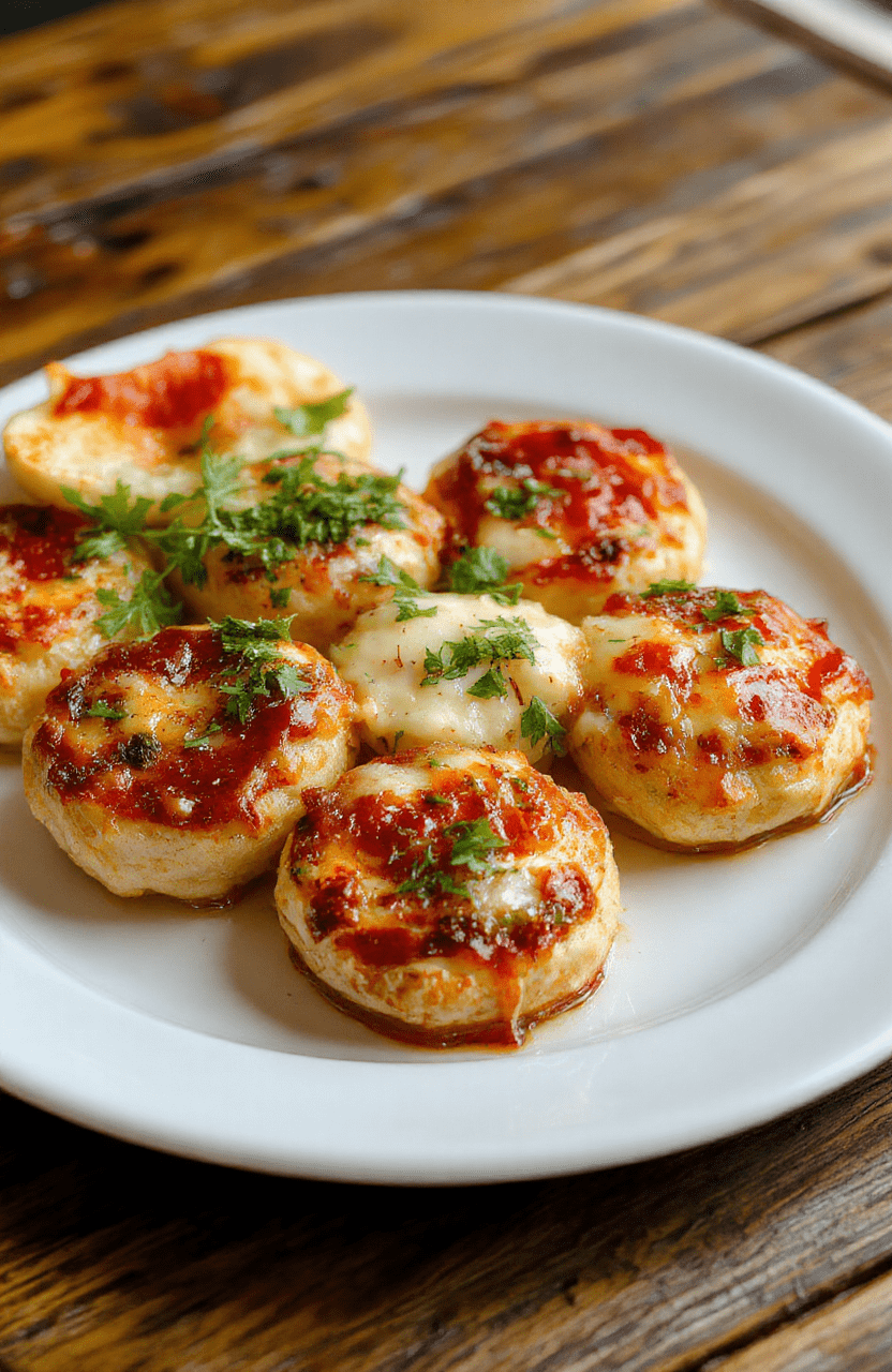 Bunte, goldbraune Pizza Bällchen auf einem weißen Teller, mit geschmolzenem Käse, frischen Tomaten und grünen Basilikumblättern, stilvoll angerichtet, appetitlich und perfekt für Partys.