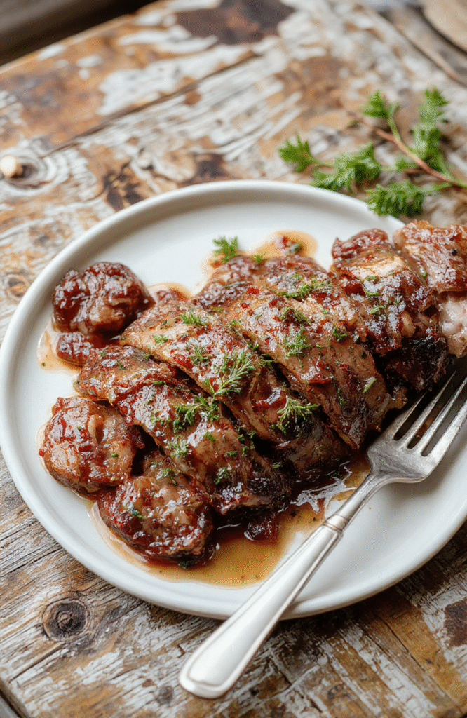 Ein saftiger Weihnachtsbraten, serviert auf einem weißen Teller, umgeben von dunkler Rotweinsoße, goldbraune Oberfläche, mit frischen Kräutern garniert, stilvoll angerichtet.