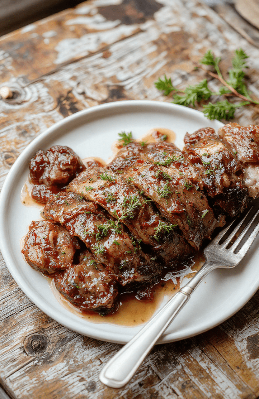 Ein saftiger Weihnachtsbraten, serviert auf einem weißen Teller, umgeben von dunkler Rotweinsoße, goldbraune Oberfläche, mit frischen Kräutern garniert, stilvoll angerichtet.