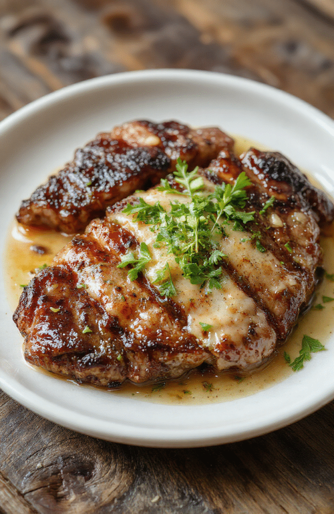 Pfeffersteak auf einem weißen Teller, aromatisch gebraten mit einer knusprigen Kruste, garniert mit frischer Petersilie und schwarzen Pfefferkörnern, serviert mit einer cremigen Soße, auf dunklem Holztablett präsentiert, farbenfroh und appetitlich