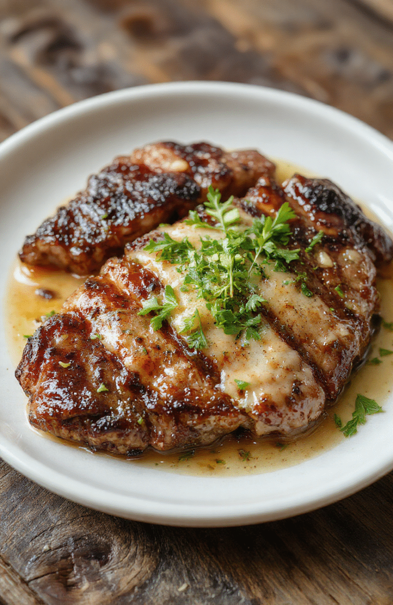 Pfeffersteak auf einem weißen Teller, aromatisch gebraten mit einer knusprigen Kruste, garniert mit frischer Petersilie und schwarzen Pfefferkörnern, serviert mit einer cremigen Soße, auf dunklem Holztablett präsentiert, farbenfroh und appetitlich