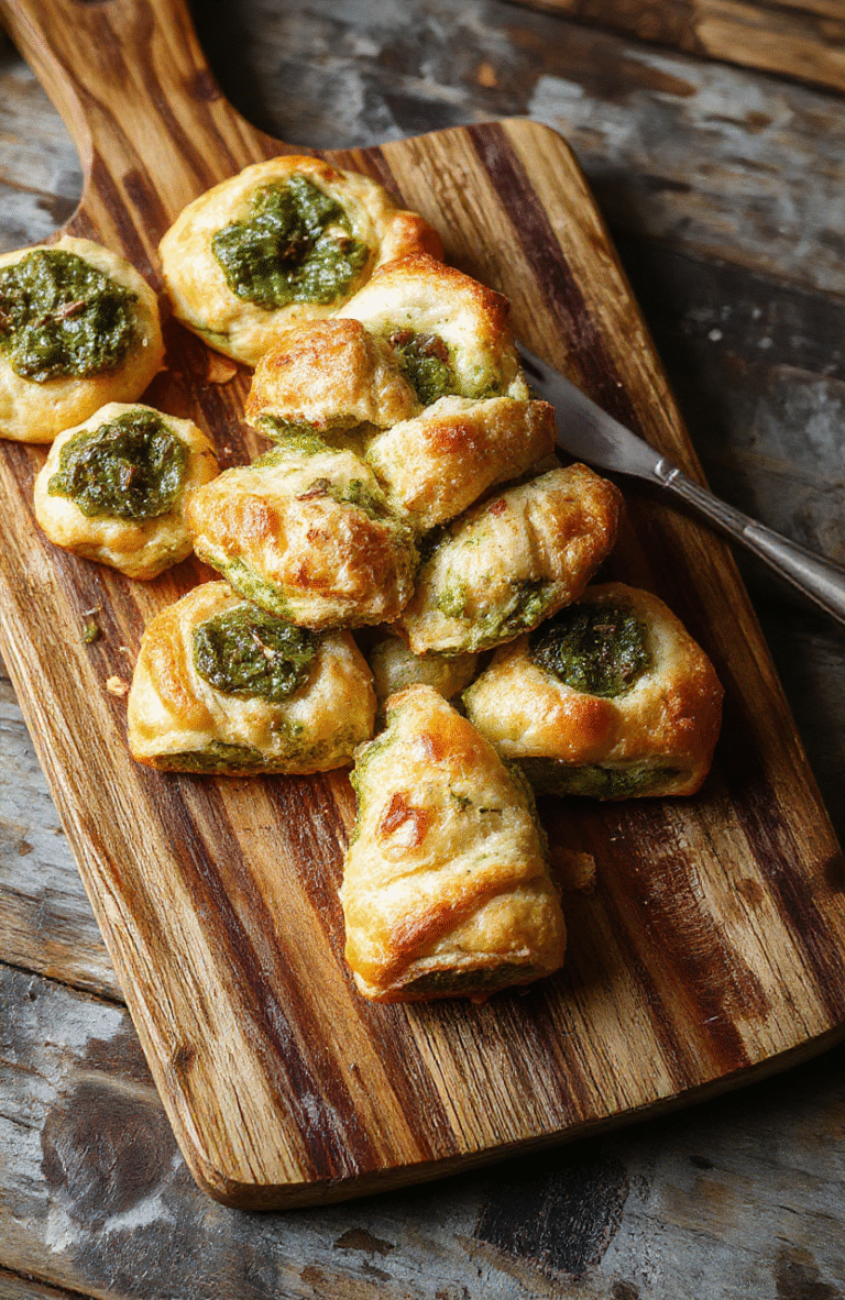 A beautifully arranged savory puff pastry tree topped with vibrant green pesto, flaky golden layers, garnished with cherry tomatoes and fresh basil, styled on a rustic wooden platter with festive holiday decorations in the background.