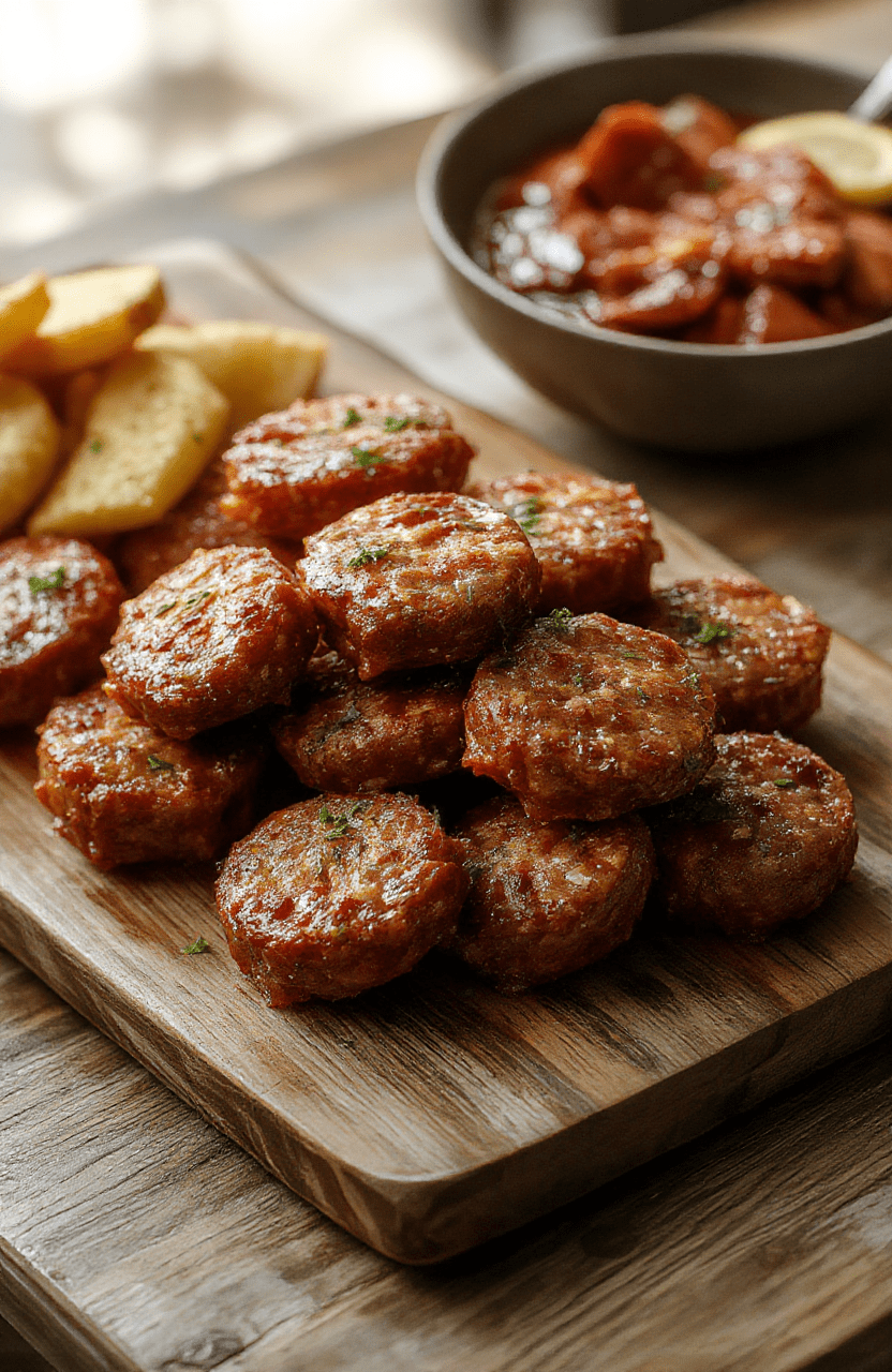 Colorful platter of golden-brown savory sausage bites arranged on a rustic wooden board, garnished with fresh herbs, with a side of creamy dipping sauce. The bites have a crispy exterior and juicy inside, with steam gently rising, styled with a casual, inviting look and natural light highlighting their textures.