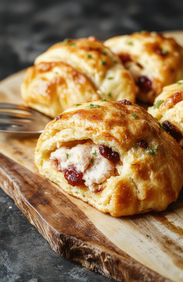 A golden-brown crescent ring filled with tender turkey, vibrant cranberries, and melted cheese, arranged in a festive circular shape on a rustic wooden board, garnished with fresh herbs and a drizzle of cranberry sauce, with a soft-focus background enhancing the inviting holiday vibe.