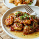 Bunte Feta-Gnocchi auf weißem Teller, umgeben von frischen Kräutern und Tomaten, cremige Textur, glänzende Soße, stilvoll angerichtet, helles naturlight