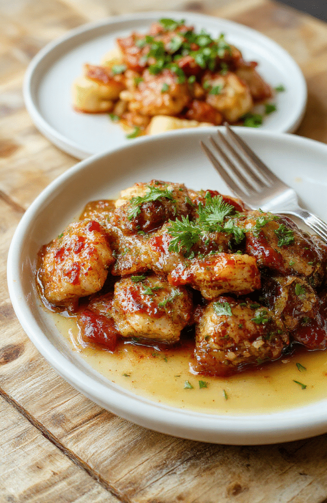 Bunte Feta-Gnocchi auf weißem Teller, umgeben von frischen Kräutern und Tomaten, cremige Textur, glänzende Soße, stilvoll angerichtet, helles naturlight