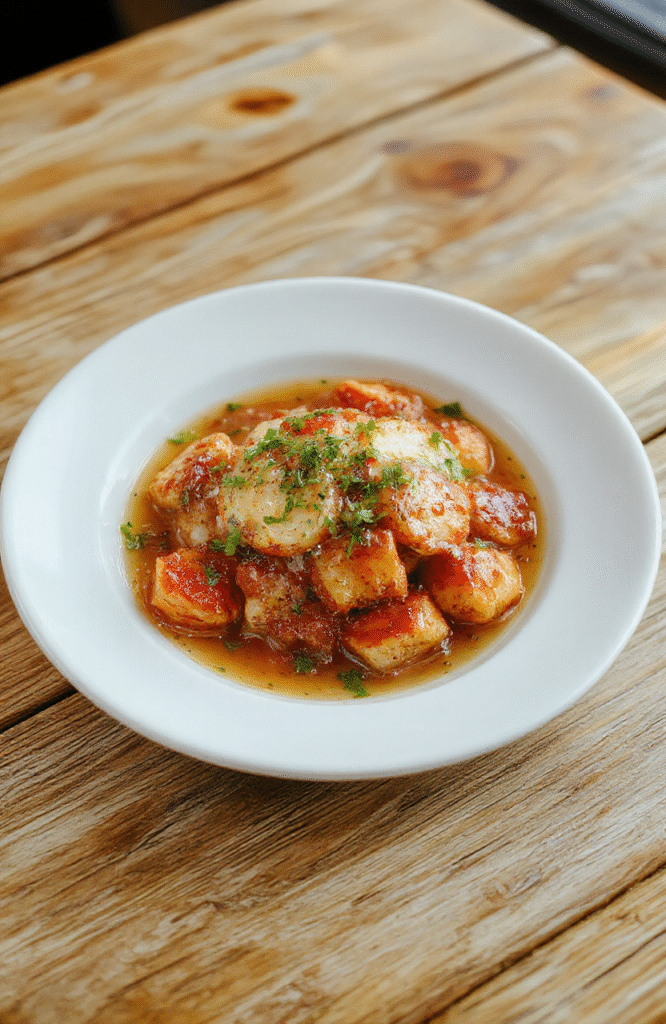 Bunter Teller mit goldbraunen Schupfnudeln, cremigem grünem Spitzkohl, dekorativ angerichtet auf weißem Teller, mit frischen Kräutern garniert und appetitlich strahlend