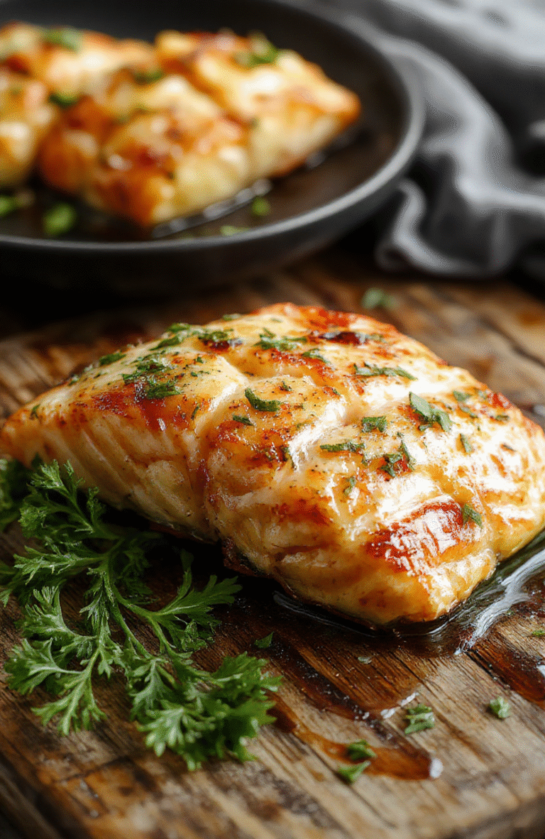 A vibrant baked salmon fillet topped with caramelized pineapple chunks, garnished with fresh herbs, served on a white ceramic plate with a light glaze, surrounded by colorful vegetables. The dish is plated neatly showcasing the golden-brown crust, juicy pineapple topping, and crispy edges, styled simply on a rustic wooden table with natural daylight highlighting the textures.