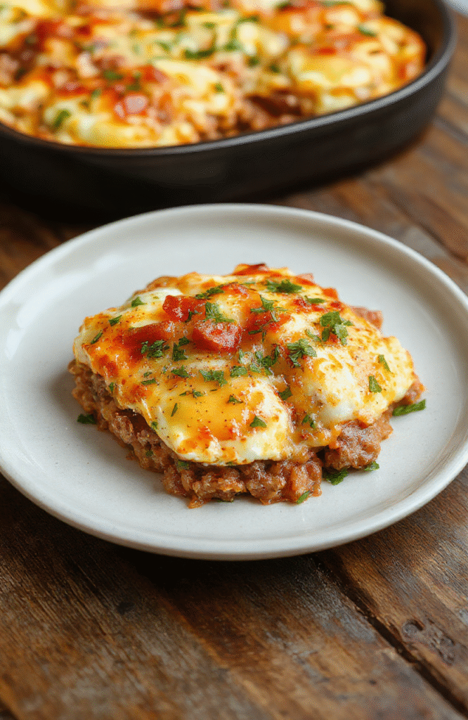 Colorful and inviting sausage egg casserole served in a white ceramic dish, topped with melted cheese and fresh herbs, with crispy edges and fluffy eggs, styled on a rustic wooden table with a warm, cozy ambiance.