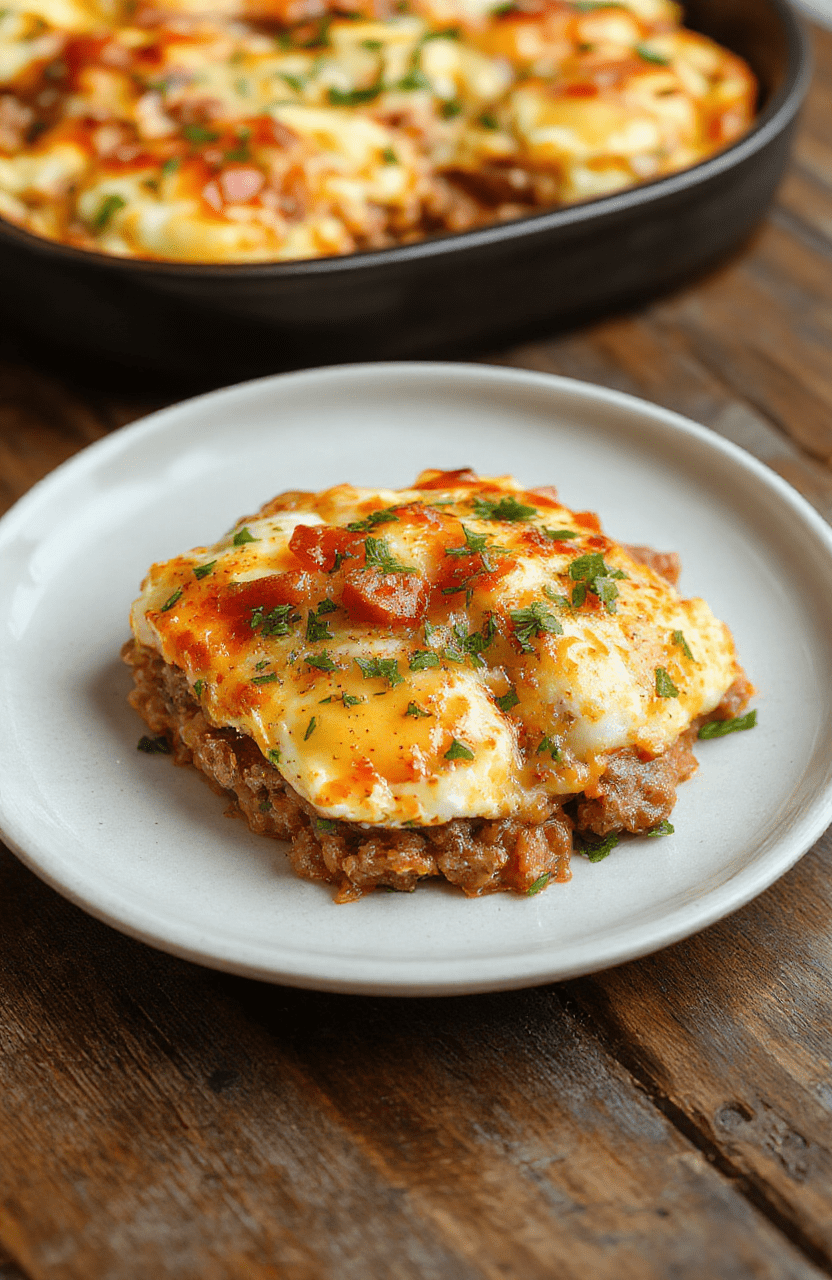 Colorful and inviting sausage egg casserole served in a white ceramic dish, topped with melted cheese and fresh herbs, with crispy edges and fluffy eggs, styled on a rustic wooden table with a warm, cozy ambiance.