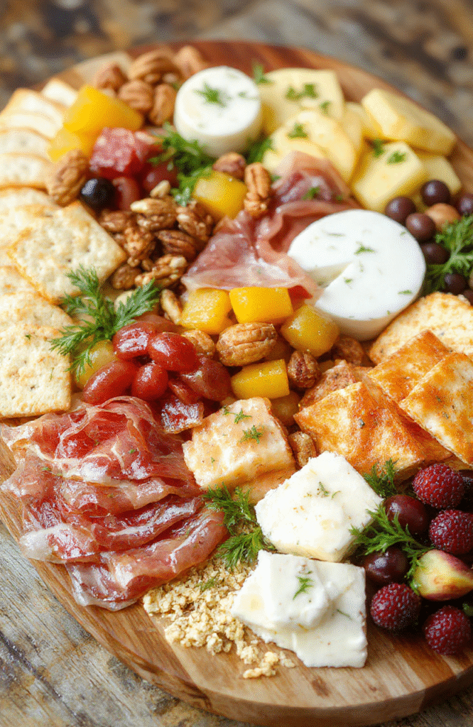 A colorful charcuterie board featuring assorted cured meats, various cheeses, fresh fruits, nuts, and crackers arranged artfully on a wooden platter, styled with garnishes like herbs and berries, with a blurred background highlighting the inviting presentation.