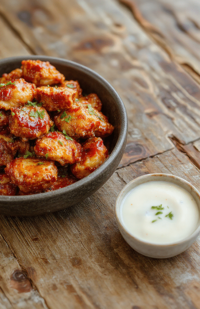 A vibrant plate of spicy firecracker chicken featuring crispy, caramelized chicken pieces coated in a bright red glaze with sesame seeds and sliced green onions, arranged on a white ceramic plate with a colorful backdrop and a hint of steam rising, showcasing a glossy, sticky texture and bold flavor appeal.