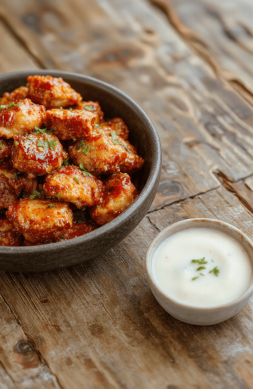 A vibrant plate of spicy firecracker chicken featuring crispy, caramelized chicken pieces coated in a bright red glaze with sesame seeds and sliced green onions, arranged on a white ceramic plate with a colorful backdrop and a hint of steam rising, showcasing a glossy, sticky texture and bold flavor appeal.