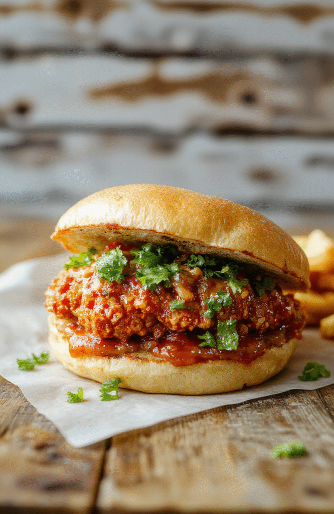 A vibrant spicy Nashville hot chicken sandwich on a toasted bun, topped with crispy fried chicken, drizzled with spicy sauce, garnished with pickles and crispy lettuce. The sandwich is served on a rustic wooden plate, showcasing the fiery red sauce and golden-brown chicken, with a hint of steam rising, styled casually with natural lighting highlighting textures and colors.