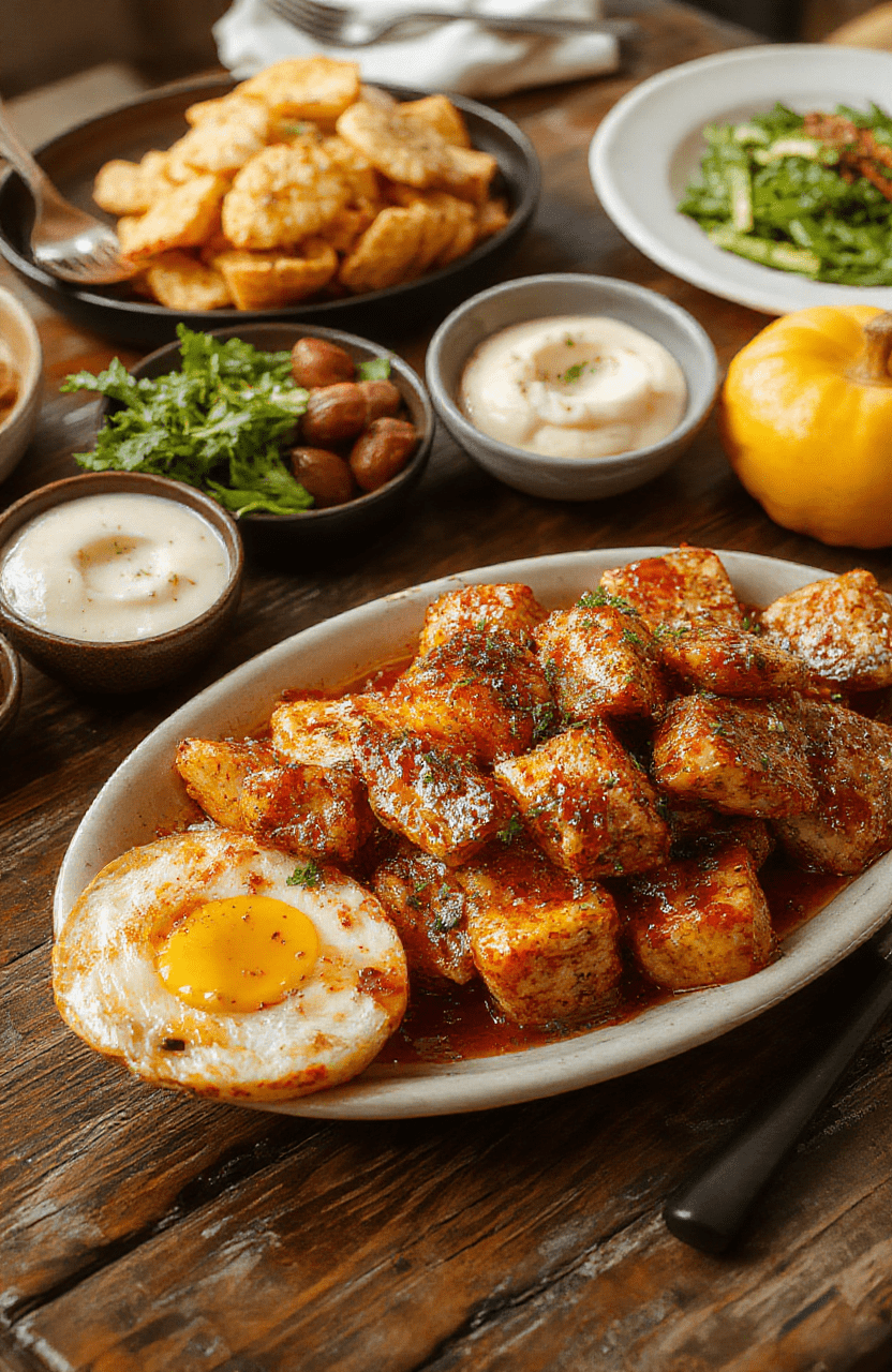 A beautifully arranged Thanksgiving feast featuring roasted turkey, colorful side dishes, and fall-themed decorations on a rustic wooden table, styled with cozy linens, candles, and warm lighting creating an inviting and festive atmosphere.