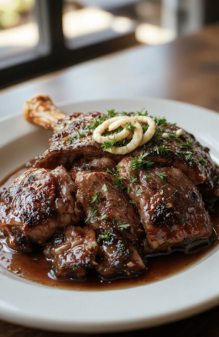 Ein saftiger, goldbraun gebratener Weihnachtsbraten auf einem weißen Teller, mit knuspriger Kruste, umgeben von frischem Rosmarin und verschiedenen Beilagen, ansprechend angerichtet, mit weihnachtlicher Dekoration im Hintergrund, sanftes Licht, appetitlich und einladend.