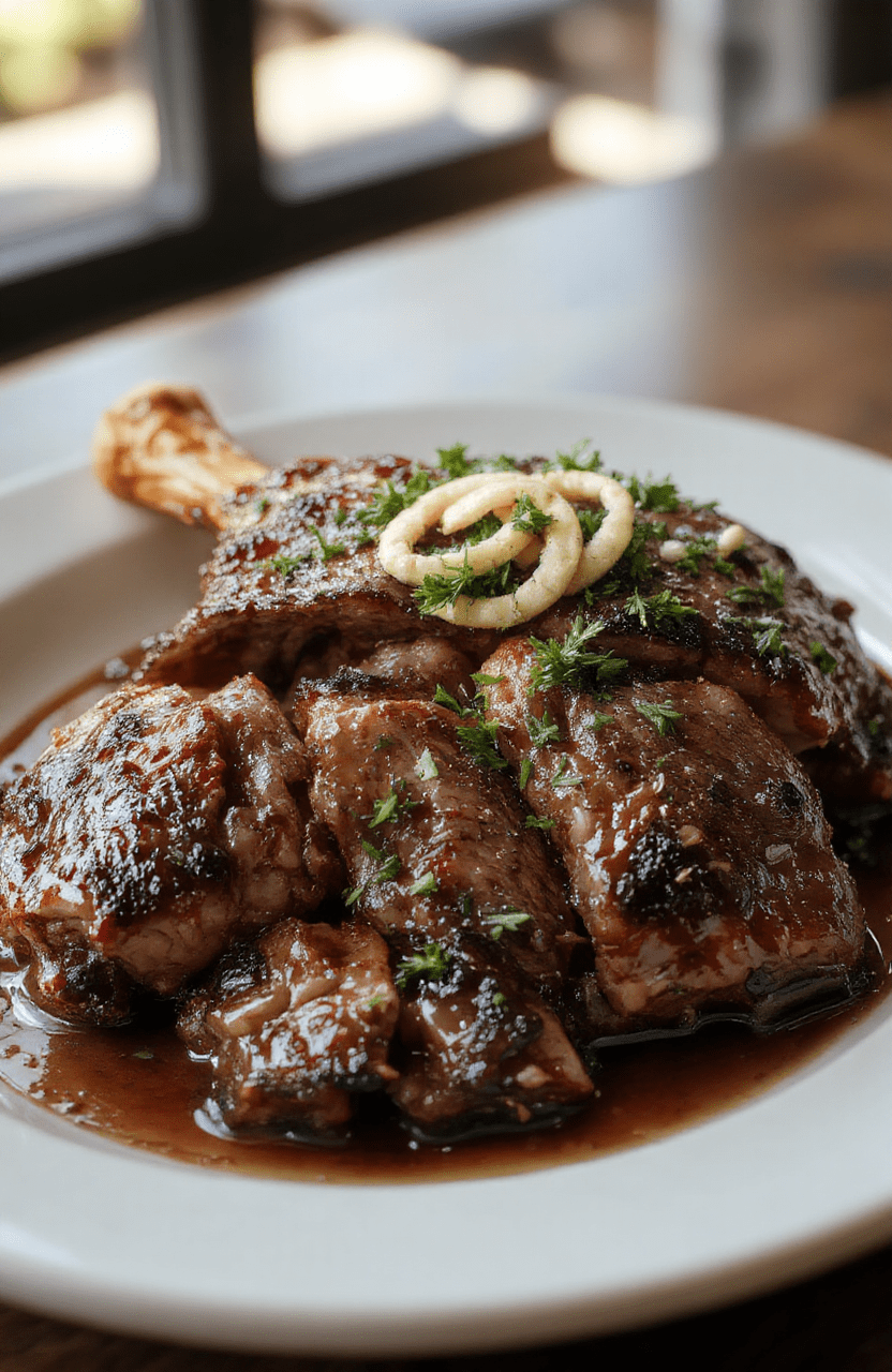 Ein saftiger, goldbraun gebratener Weihnachtsbraten auf einem weißen Teller, mit knuspriger Kruste, umgeben von frischem Rosmarin und verschiedenen Beilagen, ansprechend angerichtet, mit weihnachtlicher Dekoration im Hintergrund, sanftes Licht, appetitlich und einladend.