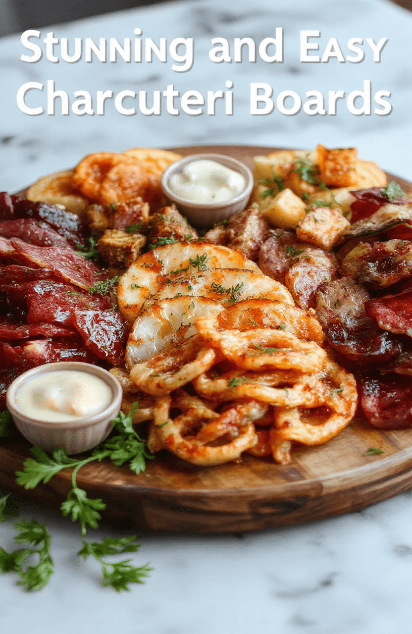Colorful charcuterie boards featuring a variety of cured meats, cheeses, fresh fruits, nuts, and crackers, artfully arranged on a wooden serving tray. The vibrant colors of the fruits and cheeses contrast beautifully with the rustic texture of the wood, styled with elegant garnishes and small bowls of dips, all presented in a festive and mouthwatering manner.