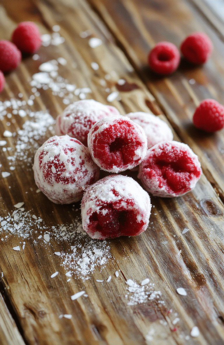 Colorful raspberry snowballs arranged on a white plate with powdered sugar dusted on top, showing soft, crumbly texture with vibrant red raspberry centers and delicate coating, styled on a rustic wooden surface with a festive holiday backdrop.