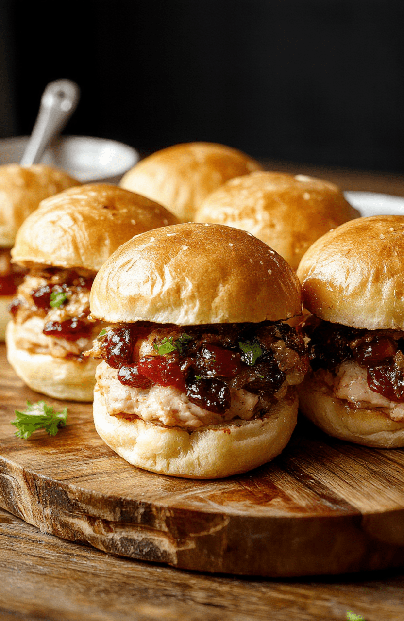 Colorful turkey cranberry sliders arranged on a rustic wooden platter, topped with fresh herbs and shiny cranberries, with a soft bun and layers of turkey, cranberry sauce, and cheese visible, styled with festive accents and a blurred holiday background.