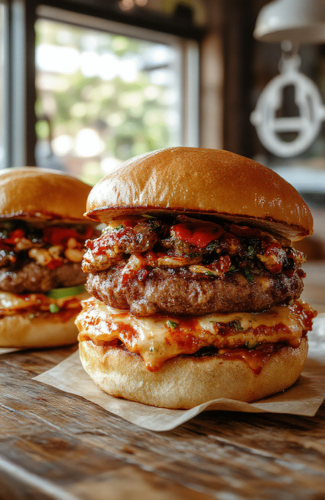 A vibrant plate featuring two cheesy pizza burgers with crispy edges, topped with melted cheese, pepperoni slices, fresh basil, and a side of crispy fries on a rustic wooden table. The presentation emphasizes gooey cheese, colorful toppings, and a casual yet appetizing style.
