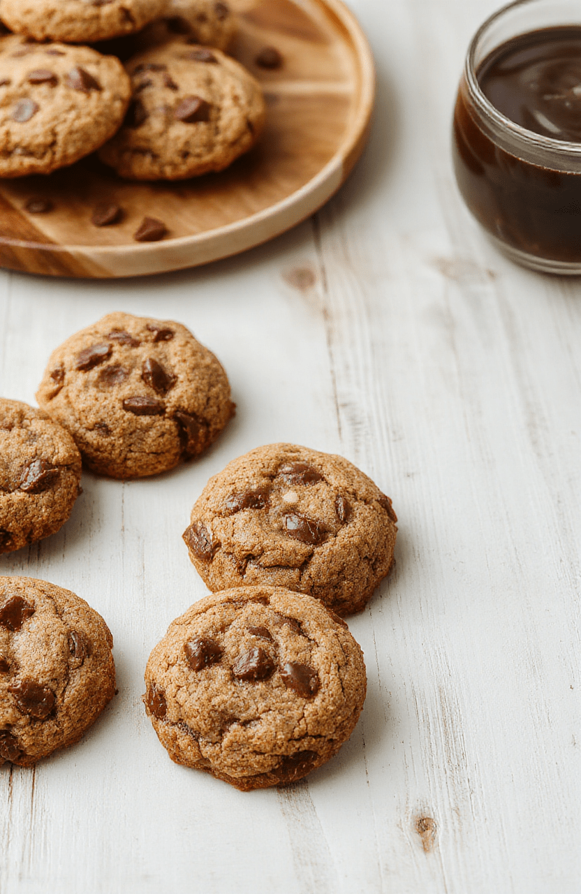 Bunte Nutella-Kekse mit weichem Kern, sorgfältig auf einem weißen Teller angerichtet. Die Kekse sind goldbraun, mit einem schokoladigen, schmelzenden Kern sichtbar. Sie sind glänzend und saftig, mit einer zarten Textur, die zum Reinbeißen einlädt. Im Hintergrund ist eine helle Küchenumgebung mit natürlichen Licht, das die Kekse besonders appetitlich erscheinen lässt.